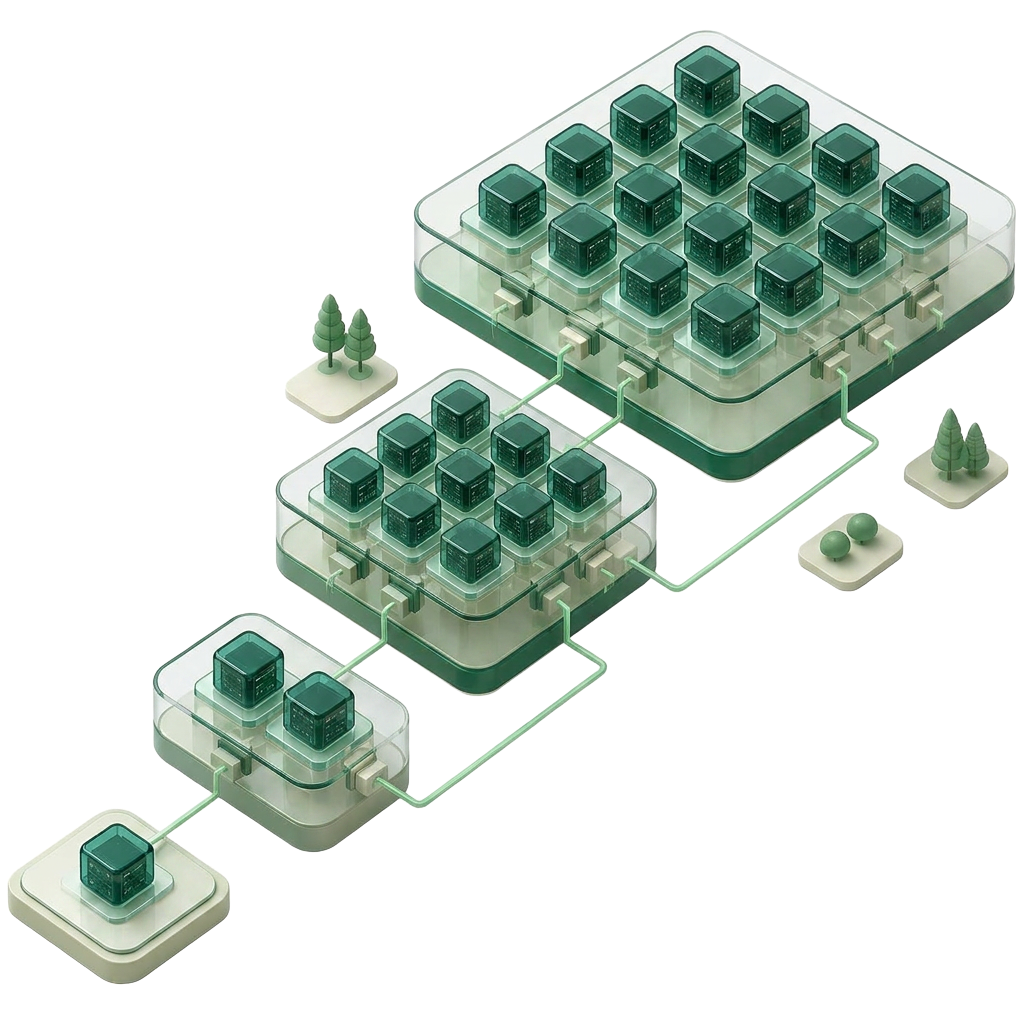 Isometric 3D illustration of a system scaling from a single node to a large distributed cluster
